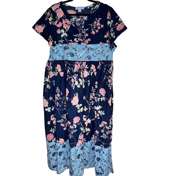 Only Necessities Floral Short Sleeve Tiered Midi House Dress Women's Size L Blue - Picture 1 of 5